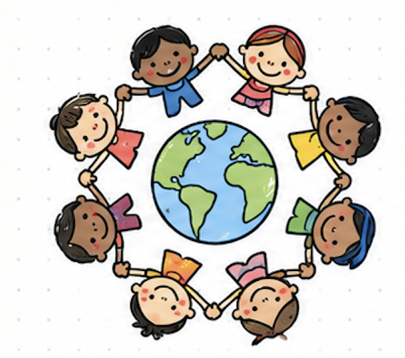 Children holding hands around the globe