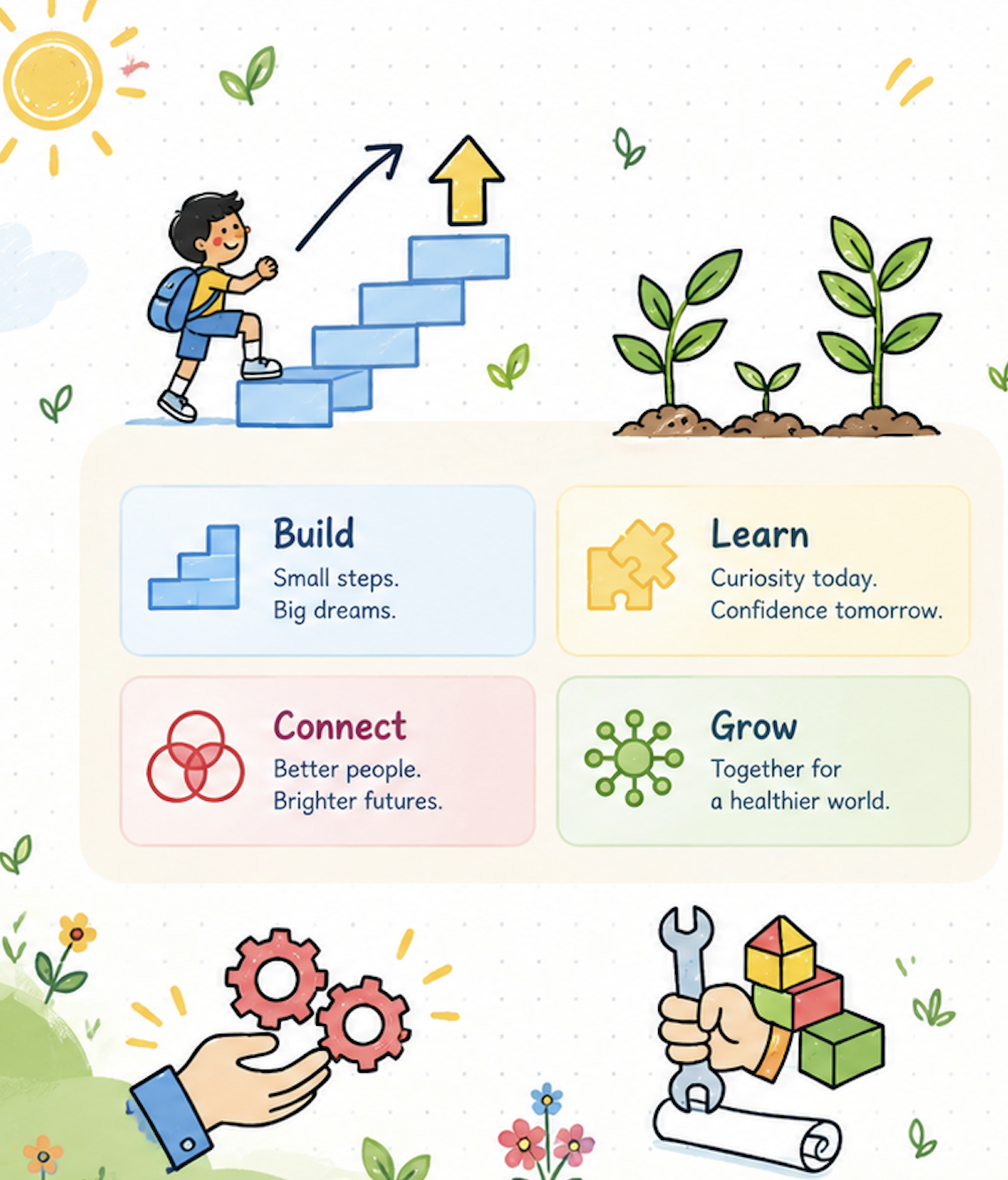 Build, Learn, Connect, Grow — the four pillars
